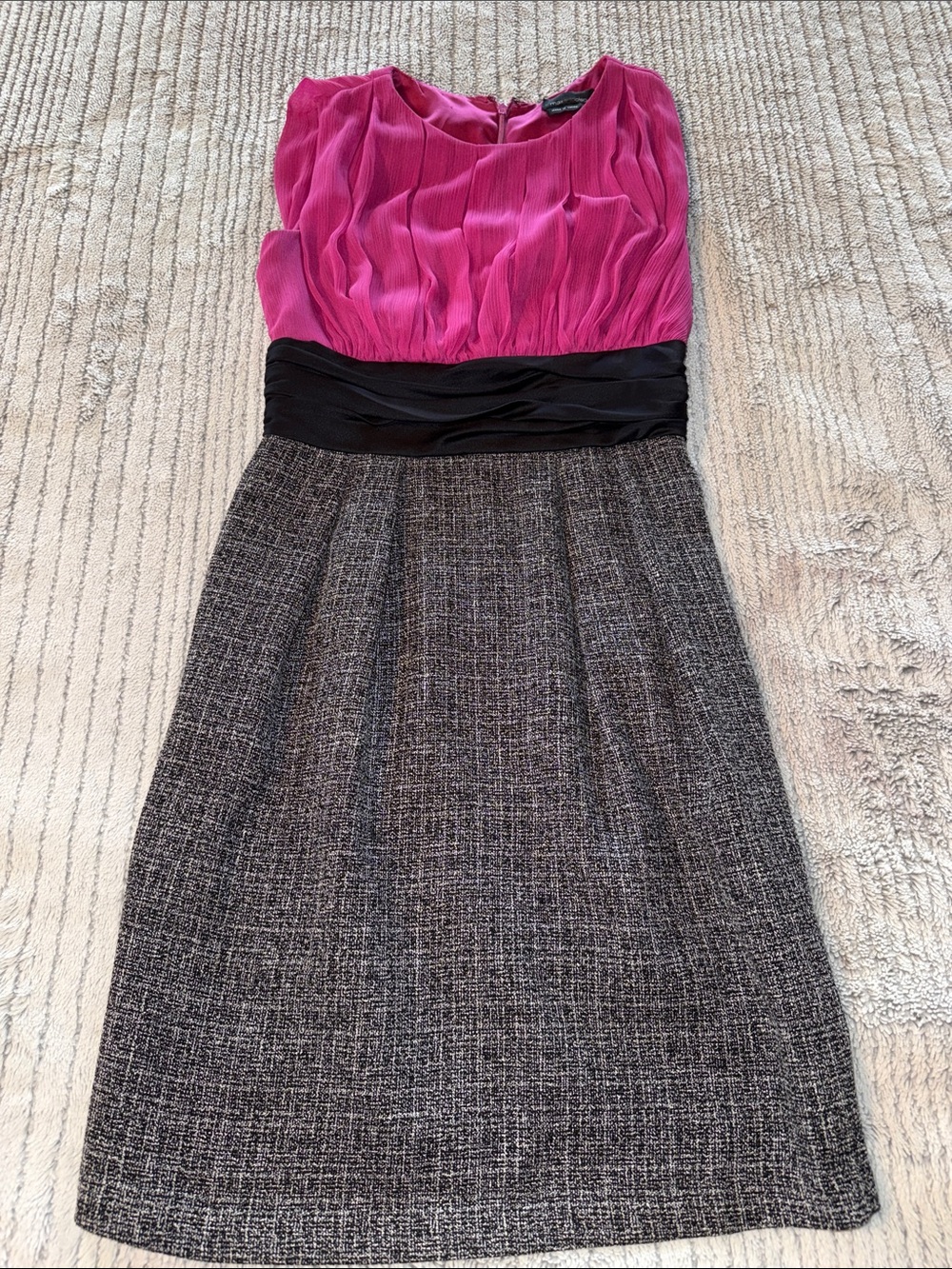 Max and Cleo Pleated Bodice Midi Dress with Black Waistband and Gray Tweed Skir